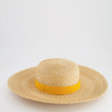 Hermès Beige Raffia Woven Hat with Yellow Bandeaux Size 57