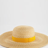 Hermès Beige Raffia Woven Hat with Yellow Bandeaux Size 57