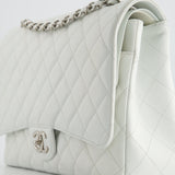 Chanel White Classic Maxi Double Flap Bag in Caviar Leather with Silver Hardware