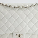 Chanel White Classic Maxi Double Flap Bag in Caviar Leather with Silver Hardware