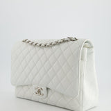 Chanel White Classic Maxi Double Flap Bag in Caviar Leather with Silver Hardware