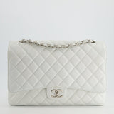 Chanel White Classic Maxi Double Flap Bag in Caviar Leather with Silver Hardware