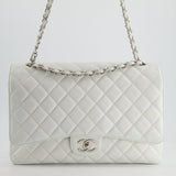 Chanel White Classic Maxi Double Flap Bag in Caviar Leather with Silver Hardware