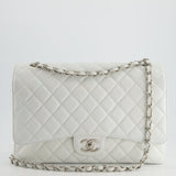 Chanel White Classic Maxi Double Flap Bag in Caviar Leather with Silver Hardware