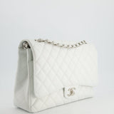 Chanel White Classic Maxi Double Flap Bag in Caviar Leather with Silver Hardware