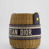 Christian Dior Dioriviera Bucket Bag in Natural Wicker and Blue Canvas With Gold Hardware