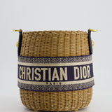 Christian Dior Dioriviera Bucket Bag in Natural Wicker and Blue Canvas With Gold Hardware