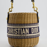 Christian Dior Dioriviera Bucket Bag in Natural Wicker and Blue Canvas With Gold Hardware