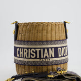 Christian Dior Dioriviera Bucket Bag in Natural Wicker and Blue Canvas With Gold Hardware