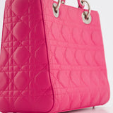 Christian Dior Hot Pink Medium Lady Dior Bag in Cannage Lambskin with Silver Hardware