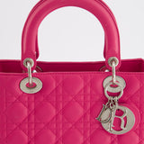 Christian Dior Hot Pink Medium Lady Dior Bag in Cannage Lambskin with Silver Hardware