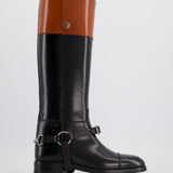 *FIRE PRICE* Gucci Black & Brown Equestrian Buckle-Detailed Two-Tone Leather Boots Size EU 36.5 RRP £1,020