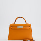 Hermès Mini Kelly II 20cm Verso Bag in Orange H Chèvre and Gold Leather with Palladium Hardware