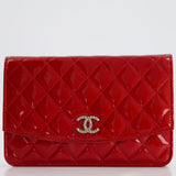 Chanel Red Metallic Wallet on Chain Bag in Patent Leather with Silver Hardware