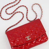 Chanel Red Metallic Wallet on Chain Bag in Patent Leather with Silver Hardware