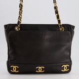 Chanel Vintage Black Small Tote Bag in Lambskin Leather with Gold CC Logos