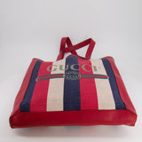 Gucci Red, Navy and White Sylvie Baiadera Striped Leather and Canvas Tote Bag with Logo Detail