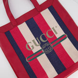 Gucci Red, Navy and White Sylvie Baiadera Striped Leather and Canvas Tote Bag with Logo Detail