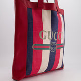 Gucci Red, Navy and White Sylvie Baiadera Striped Leather and Canvas Tote Bag with Logo Detail