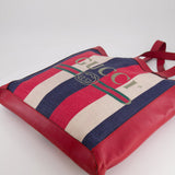 Gucci Red, Navy and White Sylvie Baiadera Striped Leather and Canvas Tote Bag with Logo Detail