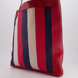 Gucci Red, Navy and White Sylvie Baiadera Striped Leather and Canvas Tote Bag with Logo Detail