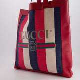 Gucci Red, Navy and White Sylvie Baiadera Striped Leather and Canvas Tote Bag with Logo Detail