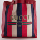 Gucci Red, Navy and White Sylvie Baiadera Striped Leather and Canvas Tote Bag with Logo Detail