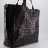 Valentino Black and Brown Reversible Crocodile Studded Tote Bag with Tone-on-Tone-Finish Hardware