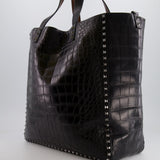 Valentino Black and Brown Reversible Crocodile Studded Tote Bag with Tone-on-Tone-Finish Hardware