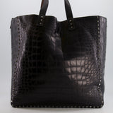 Valentino Black and Brown Reversible Crocodile Studded Tote Bag with Tone-on-Tone-Finish Hardware