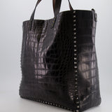 Valentino Black and Brown Reversible Crocodile Studded Tote Bag with Tone-on-Tone-Finish Hardware