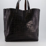 Valentino Black and Brown Reversible Crocodile Studded Tote Bag with Tone-on-Tone-Finish Hardware