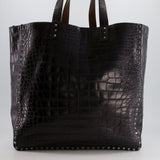 Valentino Black and Brown Reversible Crocodile Studded Tote Bag with Tone-on-Tone-Finish Hardware