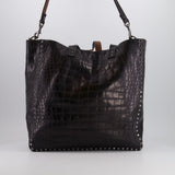 Valentino Black and Brown Reversible Crocodile Studded Tote Bag with Tone-on-Tone-Finish Hardware