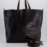 Valentino Black and Brown Reversible Crocodile Studded Tote Bag with Tone-on-Tone-Finish Hardware