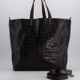 Valentino Black and Brown Reversible Crocodile Studded Tote Bag with Tone-on-Tone-Finish Hardware