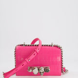 Alexander Mcqueen Hot Pink Croc-Embossed Mini Crossbody Bag with Skull Crystal Details RRP £1,940