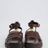 Celine Clea Triomphe Gladiator Sandals In Dark Brown Calfskin Leather With Gold Logo Detail Size 37