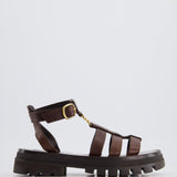 Celine Clea Triomphe Gladiator Sandals In Dark Brown Calfskin Leather With Gold Logo Detail Size 37