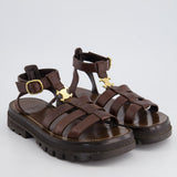 Celine Clea Triomphe Gladiator Sandals In Dark Brown Calfskin Leather With Gold Logo Detail Size 37