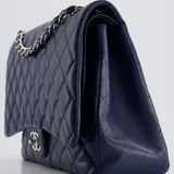 Chanel Navy Maxi Classic Double Flap Bag in Caviar Leather with Sliver Hardware