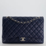 Chanel Navy Maxi Classic Double Flap Bag in Caviar Leather with Sliver Hardware