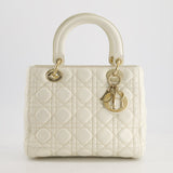 Christian Dior White Medium Lady Dior Bag in Cannage Lambskin with Champagne Gold Hardware