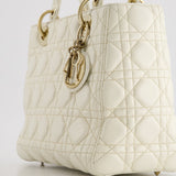 Christian Dior White Medium Lady Dior Bag in Cannage Lambskin with Champagne Gold Hardware