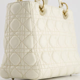 Christian Dior White Medium Lady Dior Bag in Cannage Lambskin with Champagne Gold Hardware