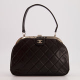 Vintage Black Quilted Top Handle Bag with Silver Hardware