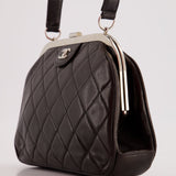 Vintage Black Quilted Top Handle Bag with Silver Hardware