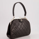 Vintage Black Quilted Top Handle Bag with Silver Hardware