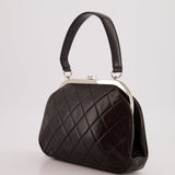 Vintage Black Quilted Top Handle Bag with Silver Hardware