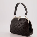 Vintage Black Quilted Top Handle Bag with Silver Hardware